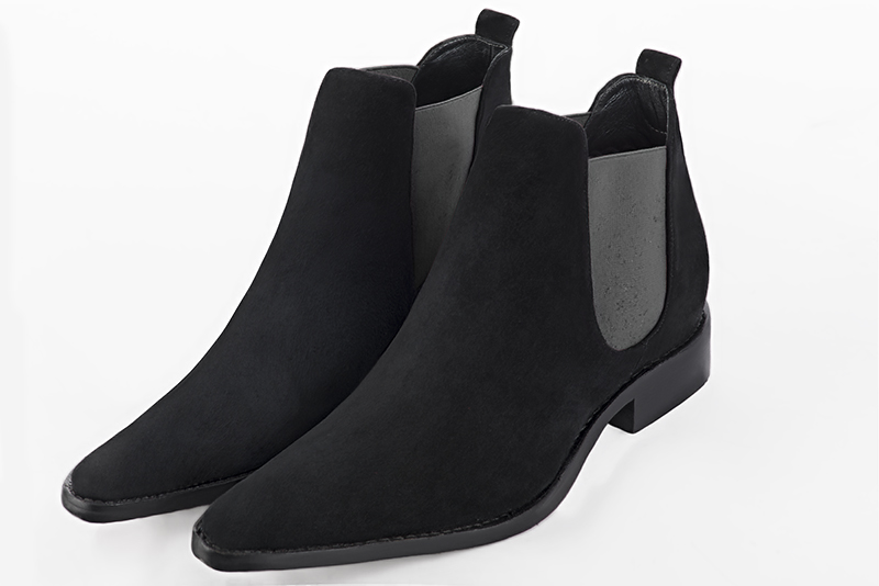 Matt black and dark grey dress booties for men. Tapered toe. Flat leather soles - Florence KOOIJMAN